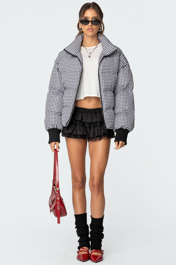 Edikted Oversized Gingham Puffer Black And White