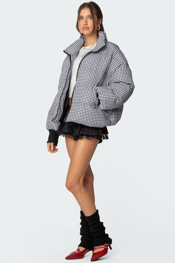 Edikted Oversized Gingham Puffer Black And White