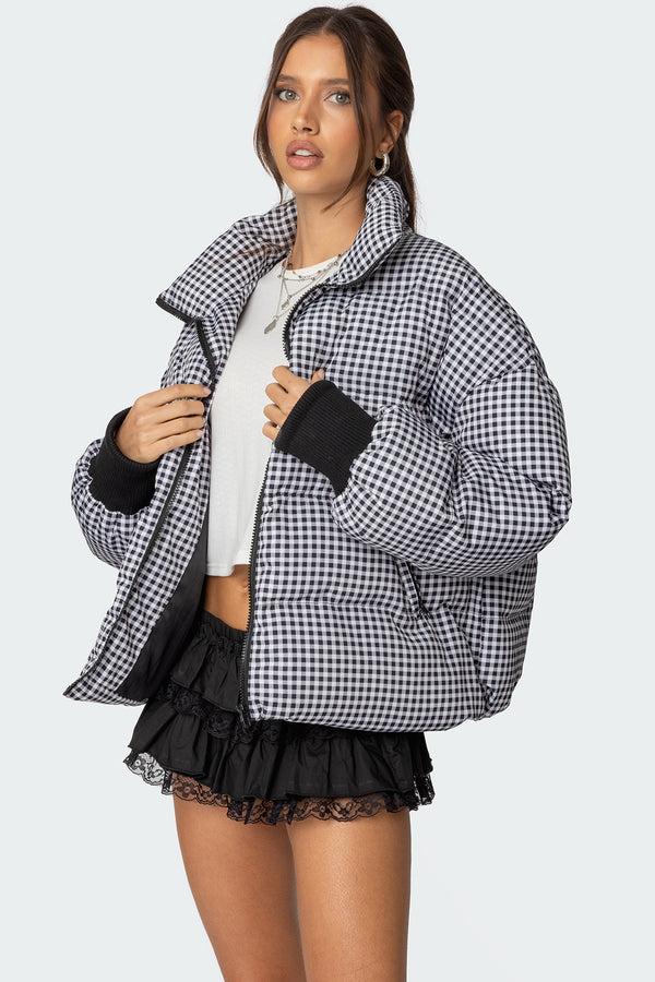 Edikted Oversized Gingham Puffer Black And White