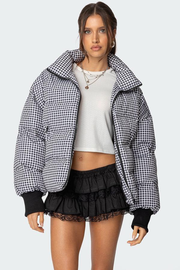 edikted Oversized Gingham Puffer black and white