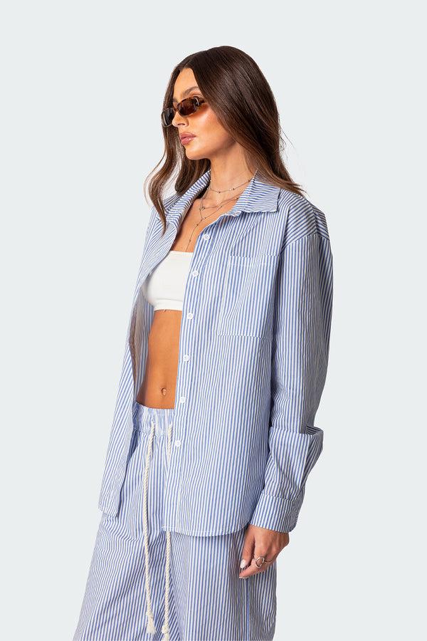 Edikted Oversized Pinstripe Button Up Shirt Blue