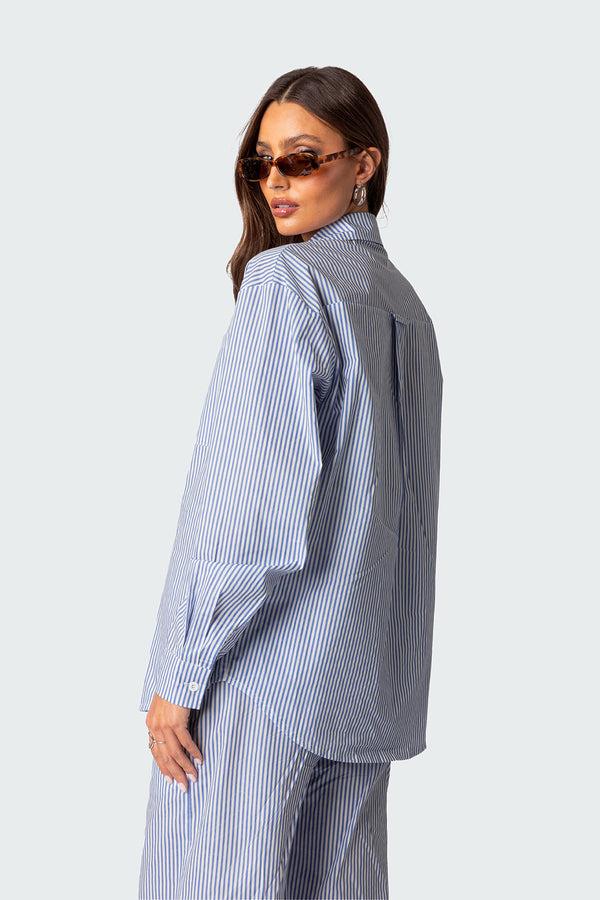 Edikted Oversized Pinstripe Button Up Shirt Blue