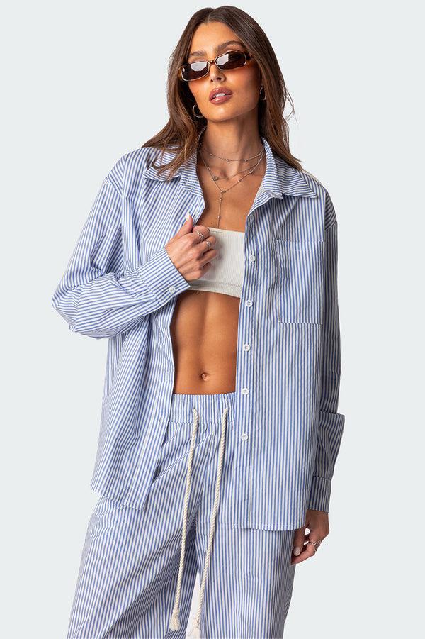edikted Oversized Pinstripe Button Up Shirt blue
