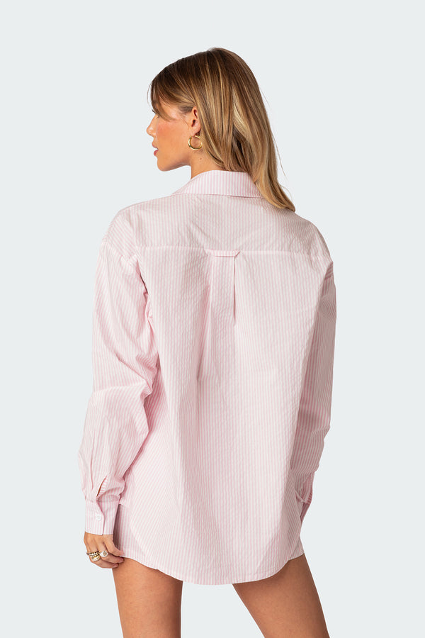 Edikted Oversized Pinstripe Button Up Shirt Pink