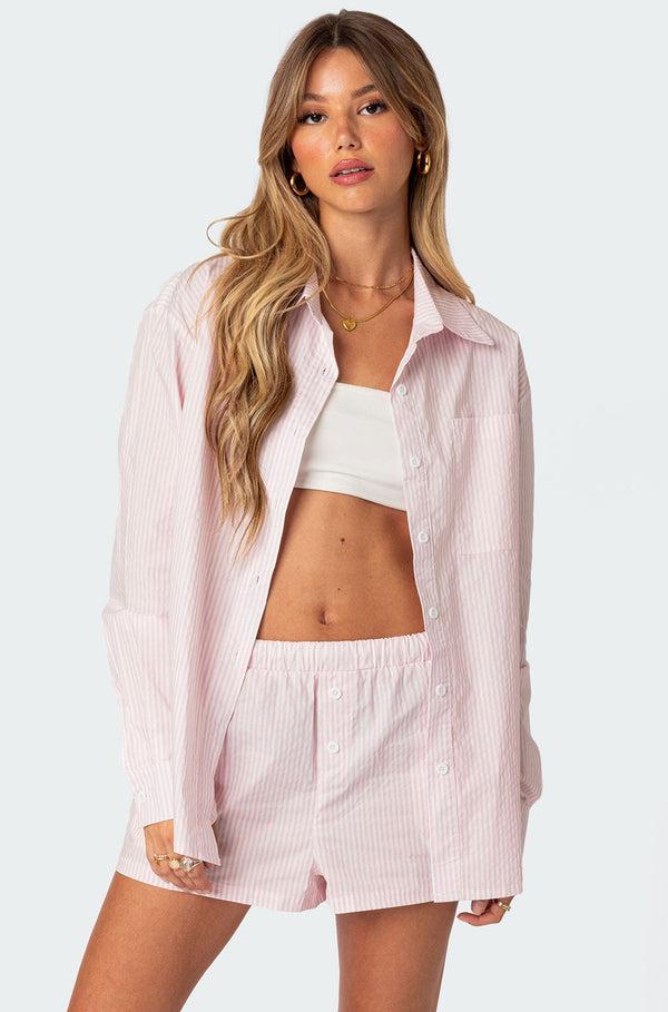 edikted Oversized Pinstripe Button Up Shirt pink