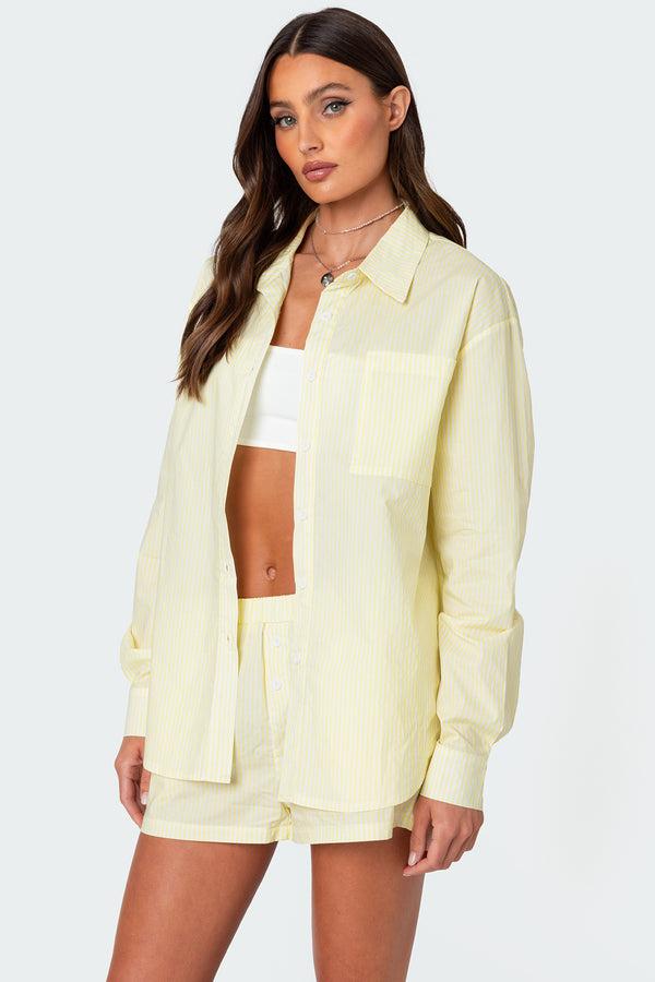 Edikted Oversized Pinstripe Button Up Shirt Yellow