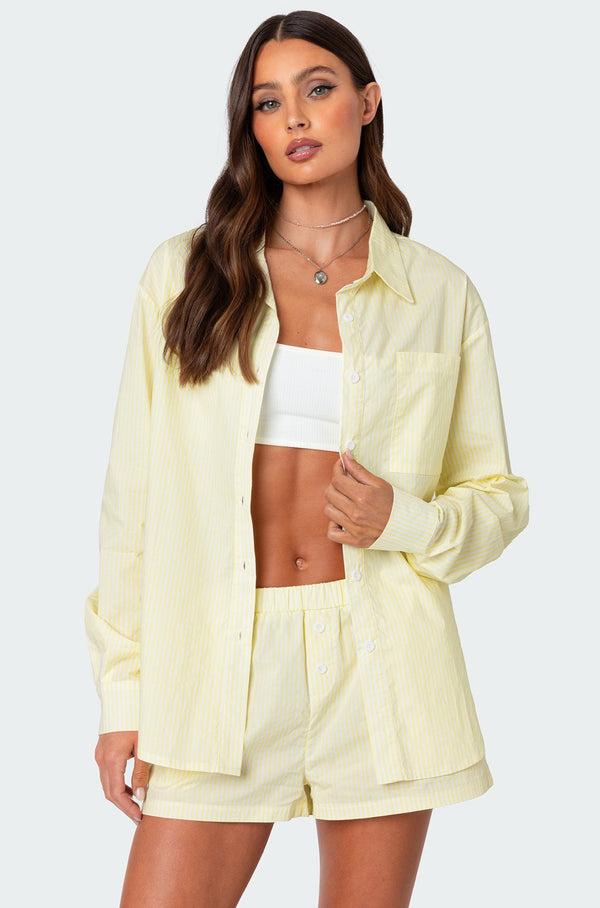 edikted Oversized Pinstripe Button Up Shirt yellow