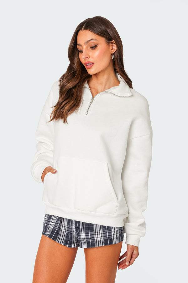 Edikted Oversized Quarter Zip Sweatshirt White