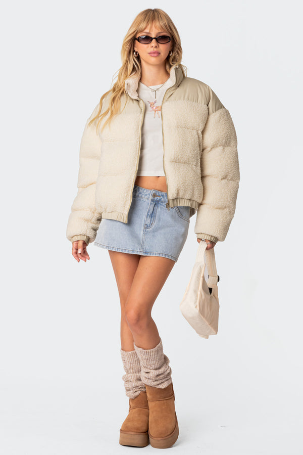 Edikted Oversized Sherpa Puffer Cream