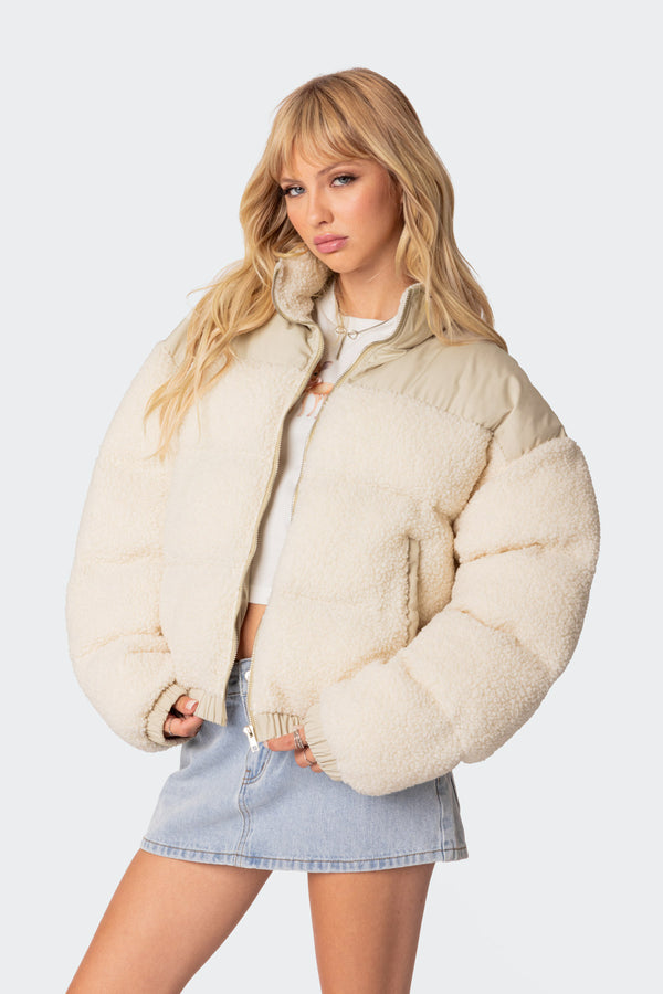 Edikted Oversized Sherpa Puffer Cream