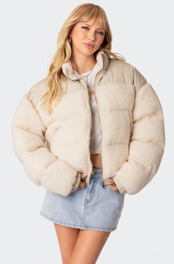 edikted Oversized Sherpa Puffer cream