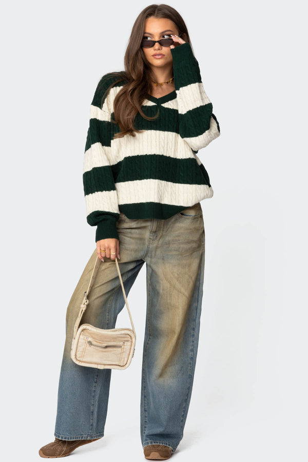 Edikted Oversized Striped Cable Knit Sweater Green