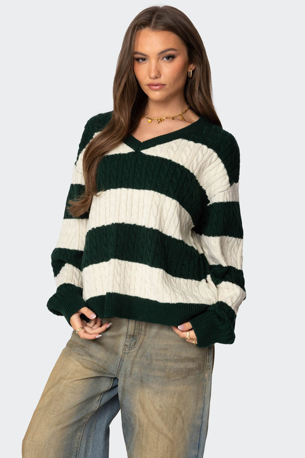 Edikted Oversized Striped Cable Knit Sweater Green