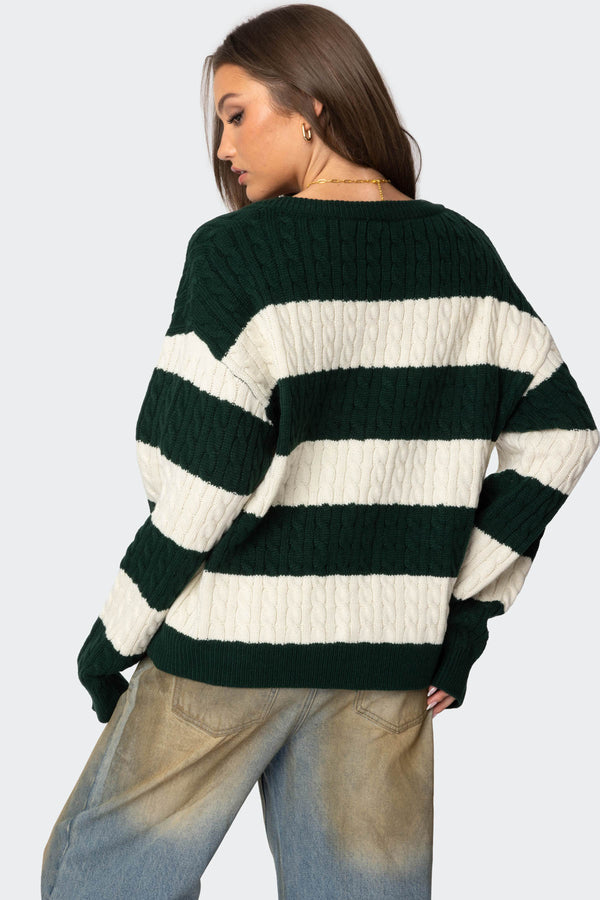 Edikted Oversized Striped Cable Knit Sweater Green