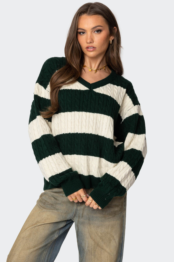 edikted Oversized Striped Cable Knit Sweater green