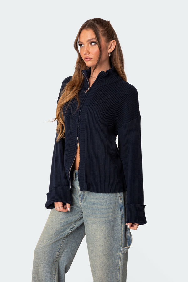 Edikted Oversized Zip Up Turtle Neck Cardigan Navy