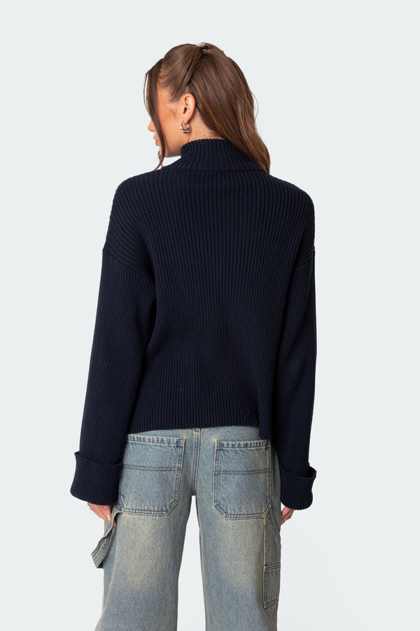 Edikted Oversized Zip Up Turtle Neck Cardigan Navy