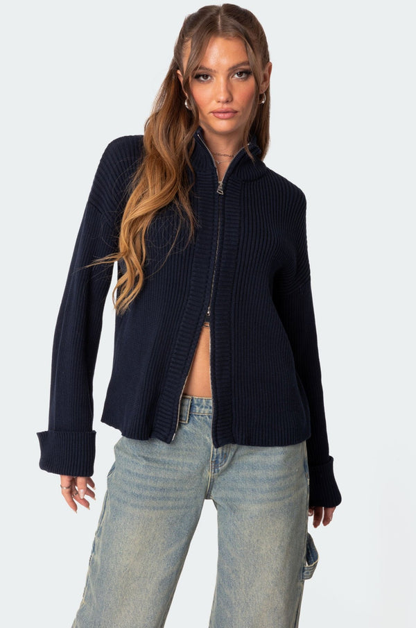 edikted Oversized Zip Up Turtle Neck Cardigan navy
