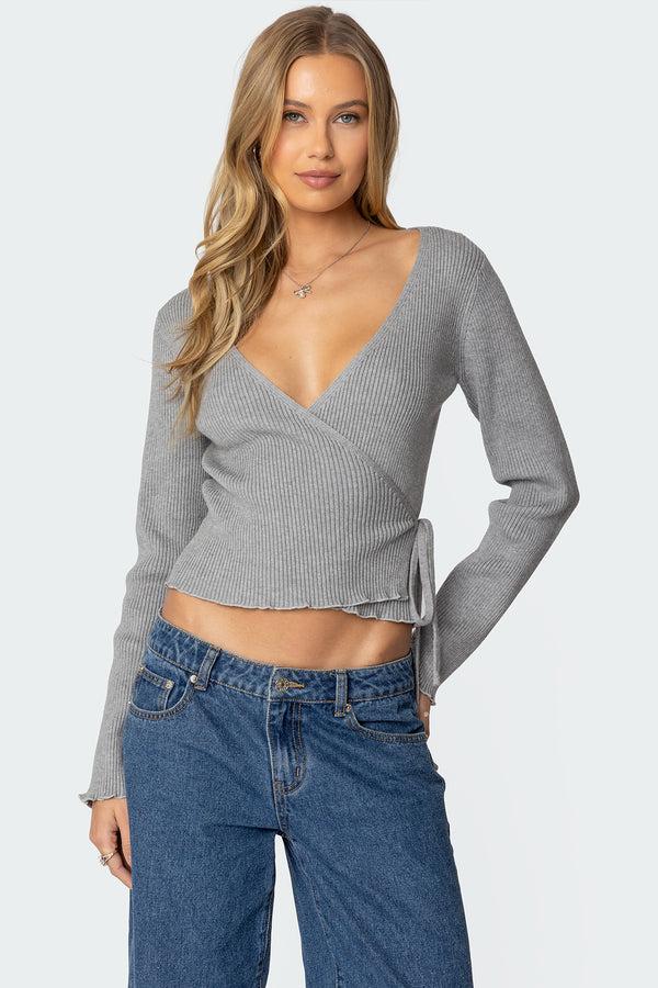 edikted Paden Ribbed Knit Wrap Top gray melange
