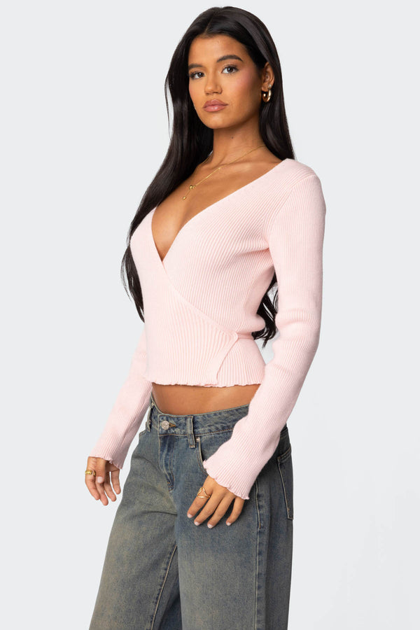 Edikted Paden Ribbed Knit Wrap Top Light Pink