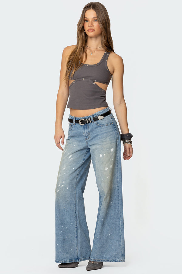 Edikted Paint Splatter Low Rise Jeans Light Blue