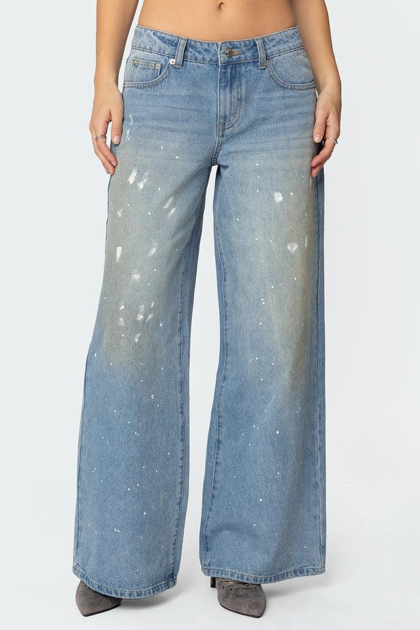 Edikted Paint Splatter Low Rise Jeans Light Blue