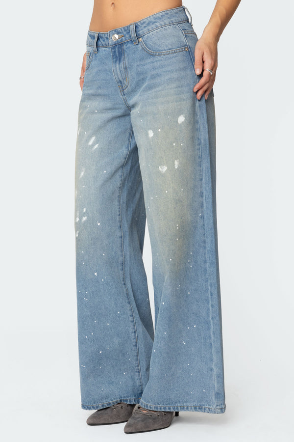 Edikted Paint Splatter Low Rise Jeans Light Blue