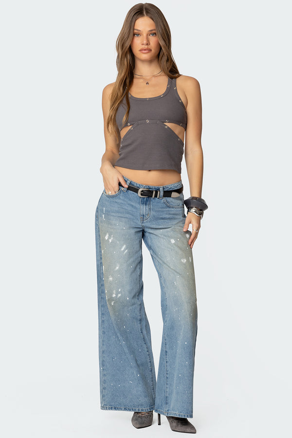 edikted Paint Splatter Low Rise Jeans light blue
