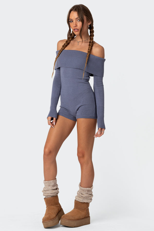 Edikted Pandorah Off Shoulder Knitted Romper Blue