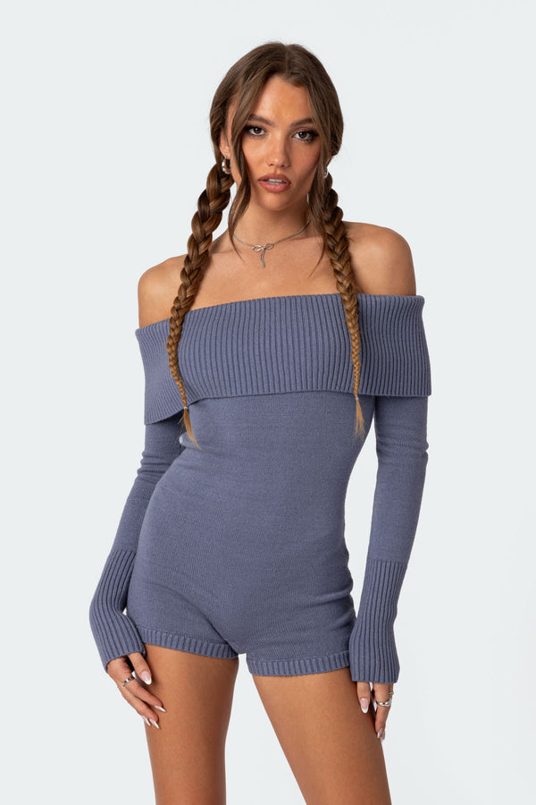 Edikted Pandorah Off Shoulder Knitted Romper Blue