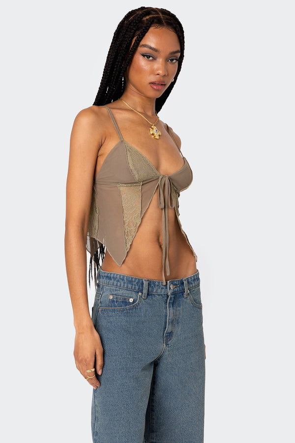 Edikted Patchwork Lacey Mesh Top Olive