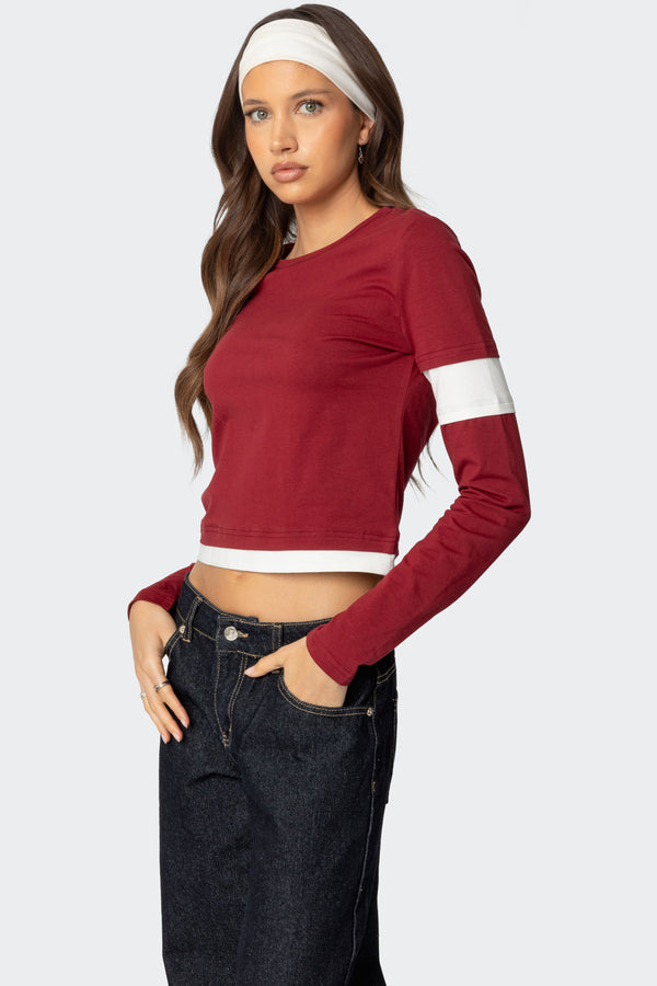 Edikted Paula Layered Long Sleeve T Shirt Burgundy