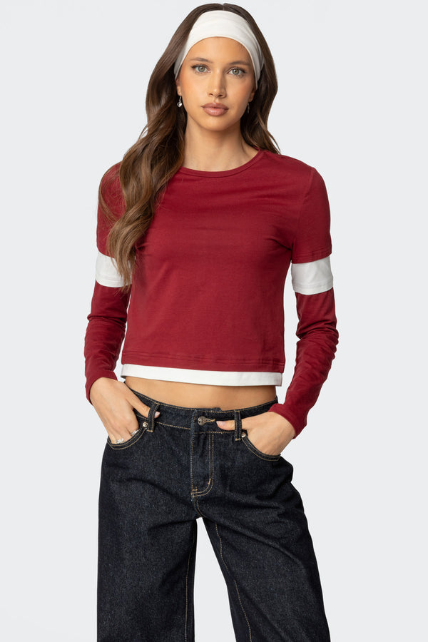 edikted Paula Layered Long Sleeve T Shirt burgundy