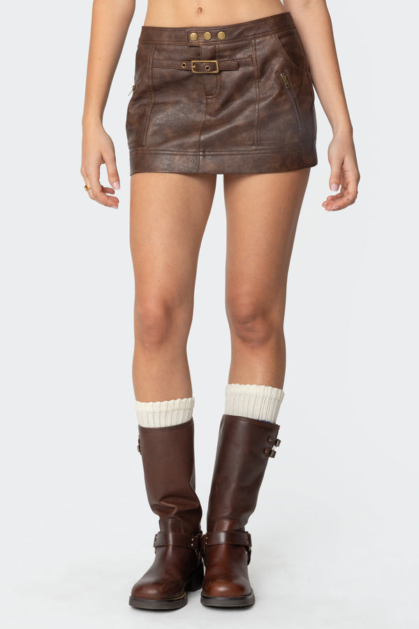 Edikted Pax Faux Leather Mini Skirt Brown