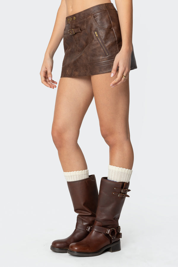 Edikted Pax Faux Leather Mini Skirt Brown