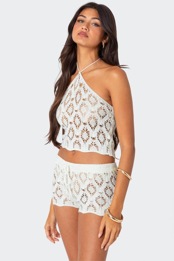 Edikted Peach Open Crochet Top White