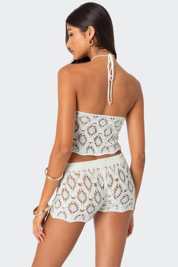 Edikted Peach Open Crochet Top White