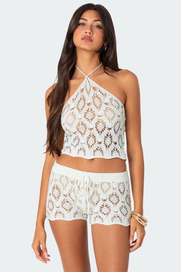 edikted Peach Open Crochet Top white