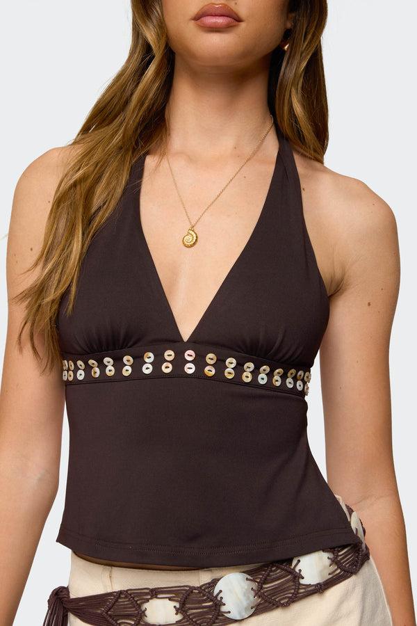 Edikted Pearlsy Button Backless Halter Top Brown