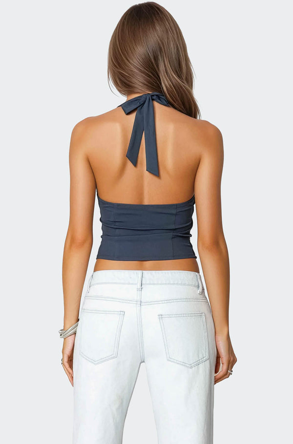 Edikted Peekaboo Lace Halter Bustier Top Navy