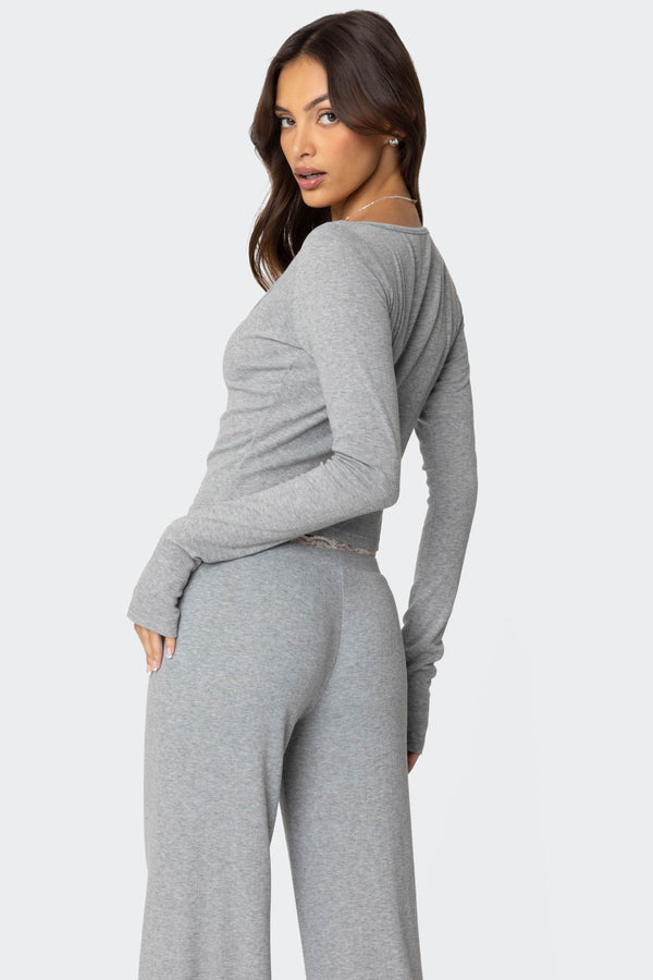 Edikted Peekaboo Lace Long Sleeve Top Gray Melange