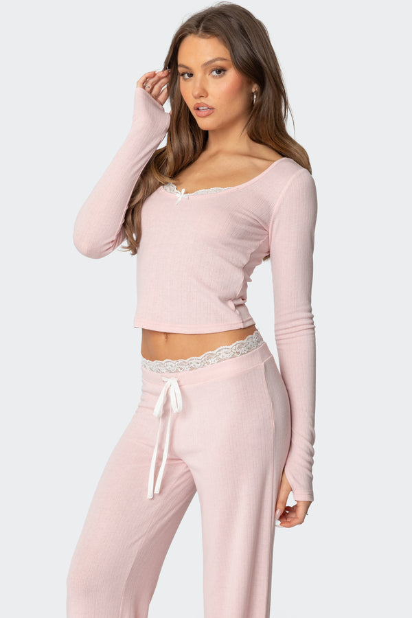 Edikted Peekaboo Lace Long Sleeve Top Pink