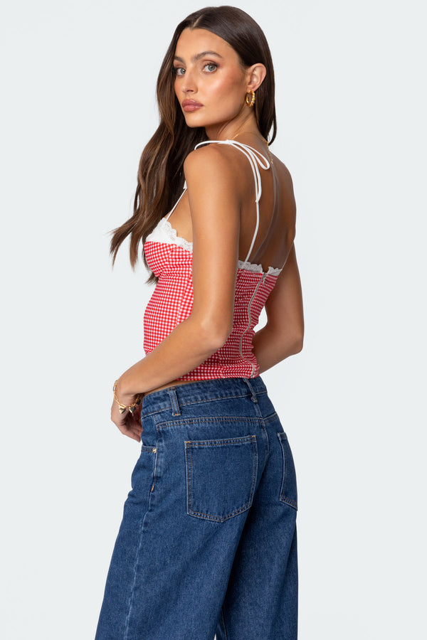 Edikted Peekaboo Lacey Gingham Corset Red