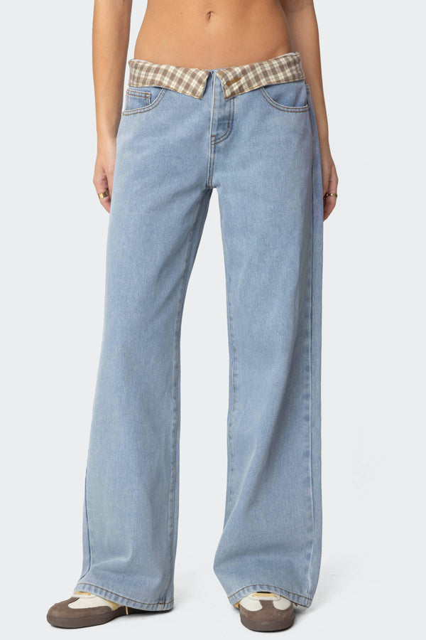 Edikted Peekaboo Plaid Low Rise Jeans Light Blue
