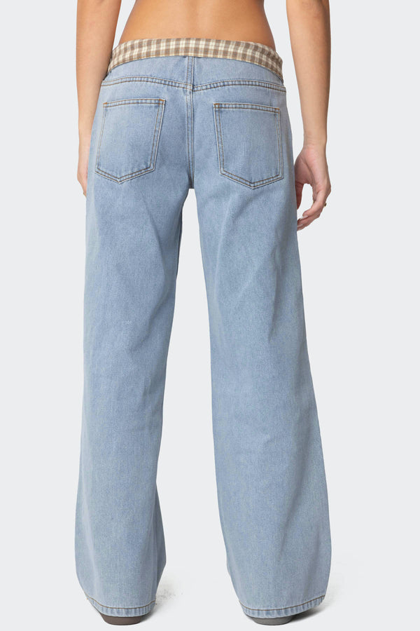 Edikted Peekaboo Plaid Low Rise Jeans Light Blue