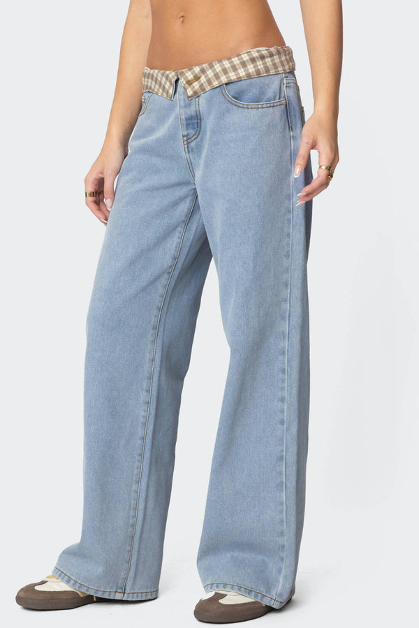 Edikted Peekaboo Plaid Low Rise Jeans Light Blue