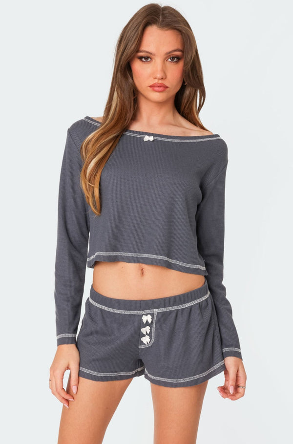 edikted Peoni Stitch Waffle Top navy