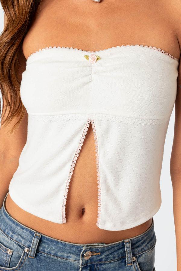 Edikted Percy Split Front Pointelle Top White