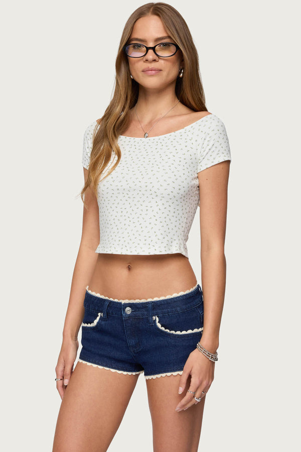 Edikted Perry Floral Boat Neck Top White