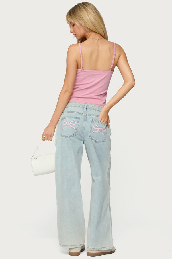 edikted Petite Bow Pocket Relaxed Jeans light blue